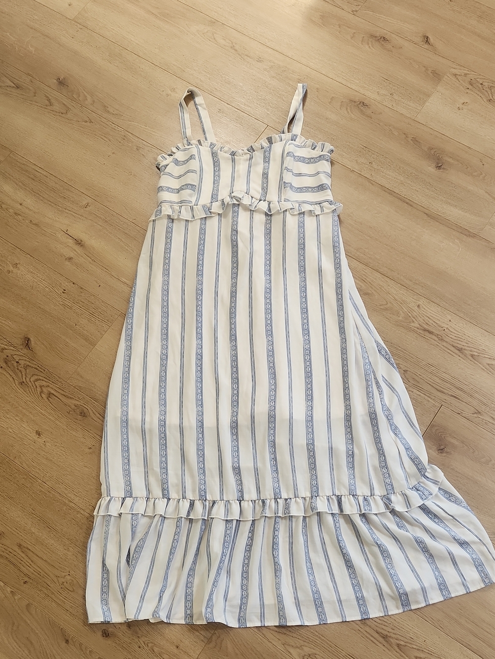 Luxology White and Light Blue Striped Ruffle Maxi Sundress